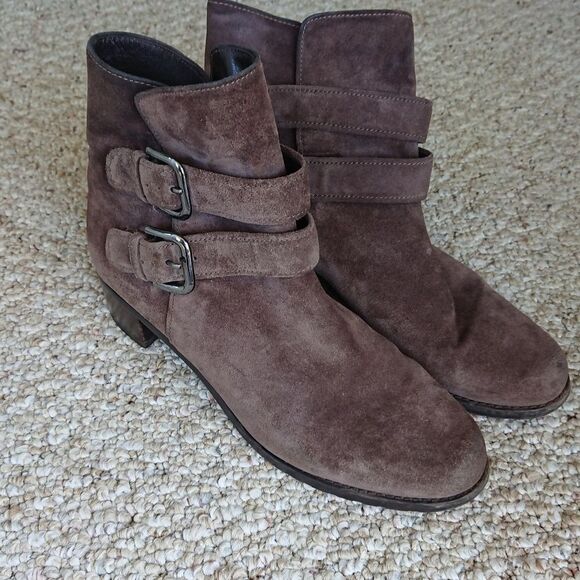Stuart Weizman leather Eastside double strap moto suede Brown boots size 8.5 - Picture 4 of 10